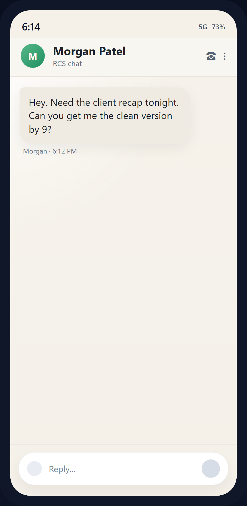 Preview of a stressful incoming text before comparing reply options inside Liaison Keyboard.