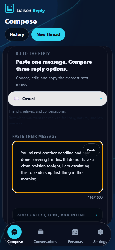 Compose screen with a heated incoming message pasted into Liaison Reply.