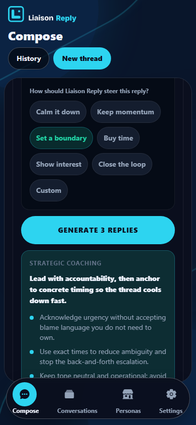 Liaison Reply mobile app showing three AI-generated, context-specific reply options with the incoming message preloaded as context